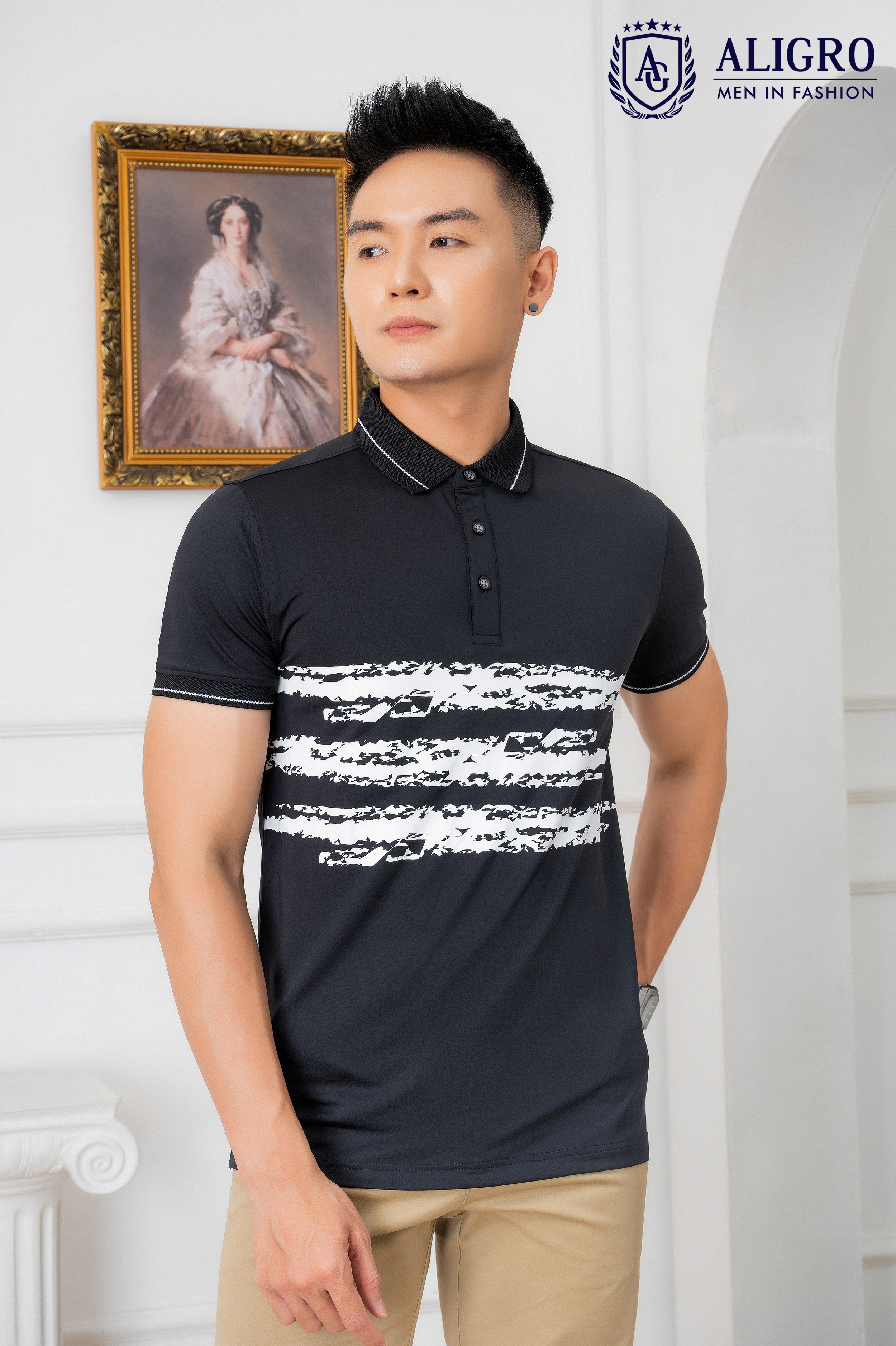 Áo Polo đen phối kẻ ngang Aligro ALGPLO73