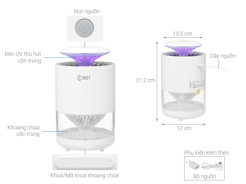 Đèn Diệt Côn Trùng COMET CM078 3W cắm điện trực tiếp, 8 bóng đèn LED, sử dụng tia ánh sáng tím và quạt hút diệt muỗi và lọc không khí
