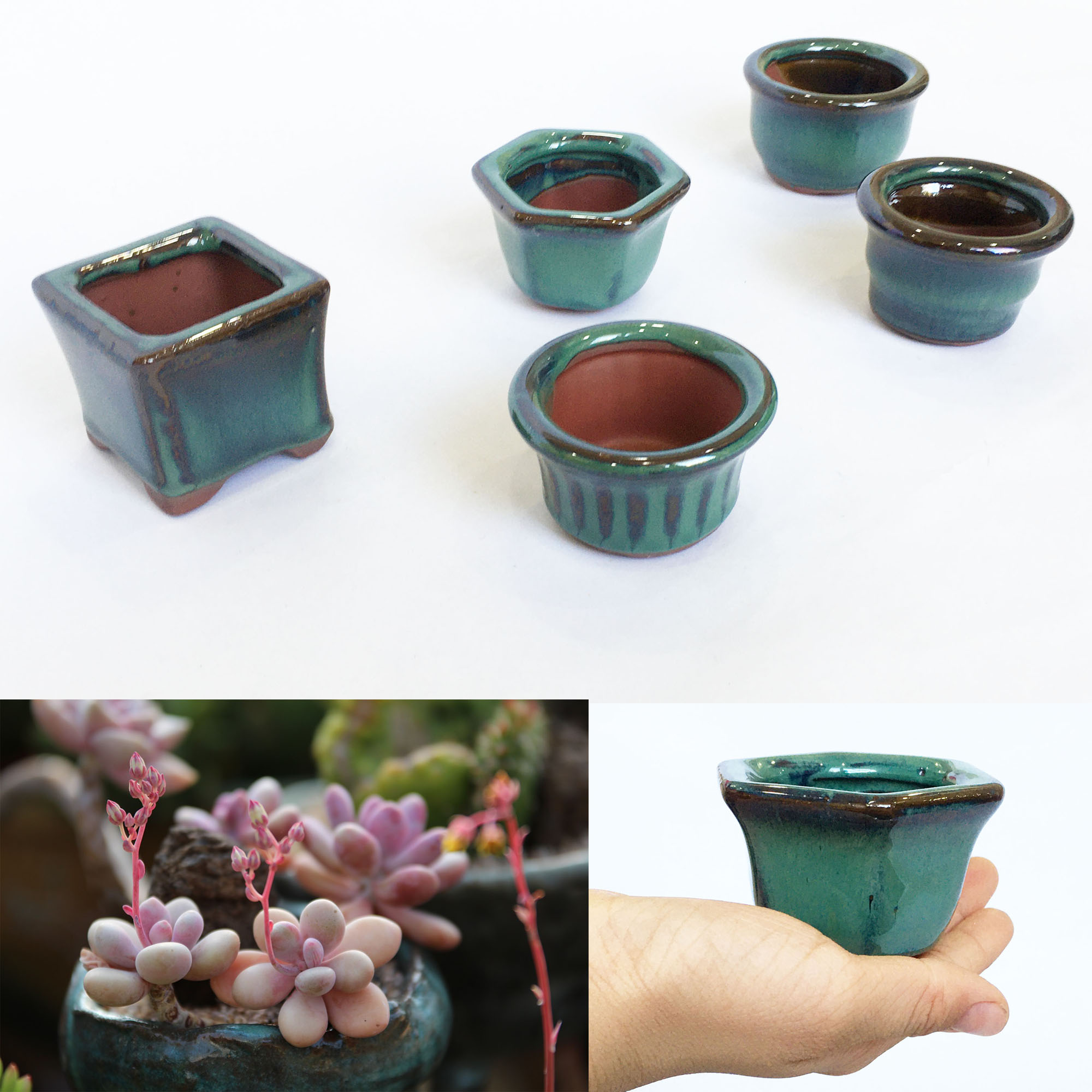 Combo 5 Chậu gốm sứ Bát Tràng làm chậu trồng bonsai, sen đá men hỏa biến có lỗ