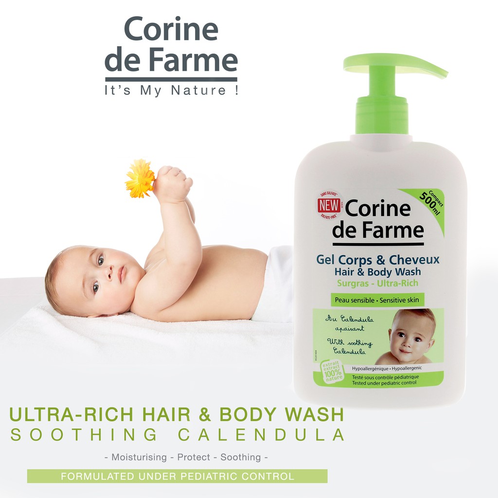 Gel Tắm Gội Cho Bé Corine de Farme Hair & Body Wash 500ml