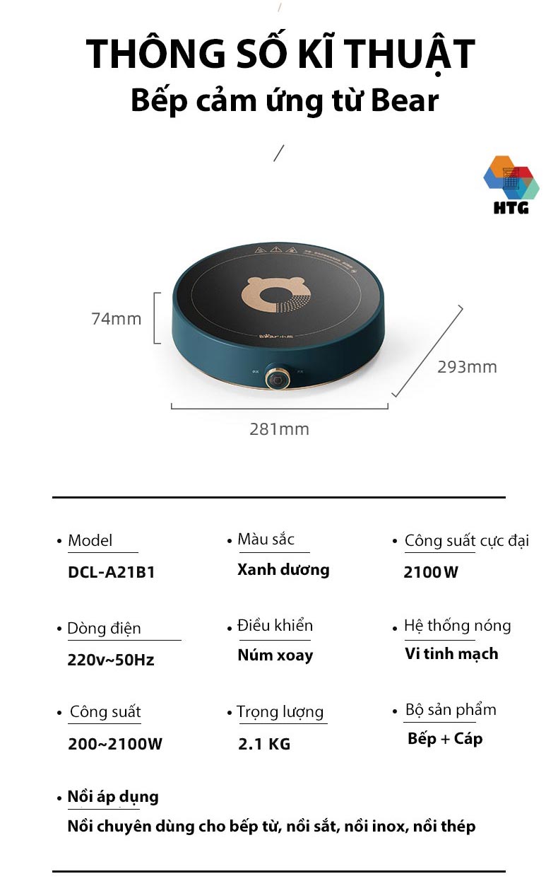 Bếp từ đơn Bear DCL-A21B1 bảo vệ quá nhiệt, 9 cấp độ nóng, có chế độ tự ngắt và nóng siêu tốc 2100W, hàng chính hãng