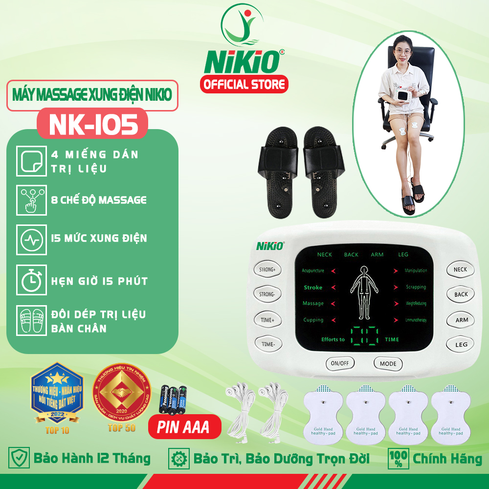 Máy Massage Xung Điện Nikio NK-105 - Máy Mát Xa 4 Miếng Dán + Dép Matxa Bàn Chân - 8 Chế Độ và 15 Cấp Độ Tùy Chỉnh, Giảm Đau Nhức Toàn Thân, Cải Thiện Tê Bì Chân