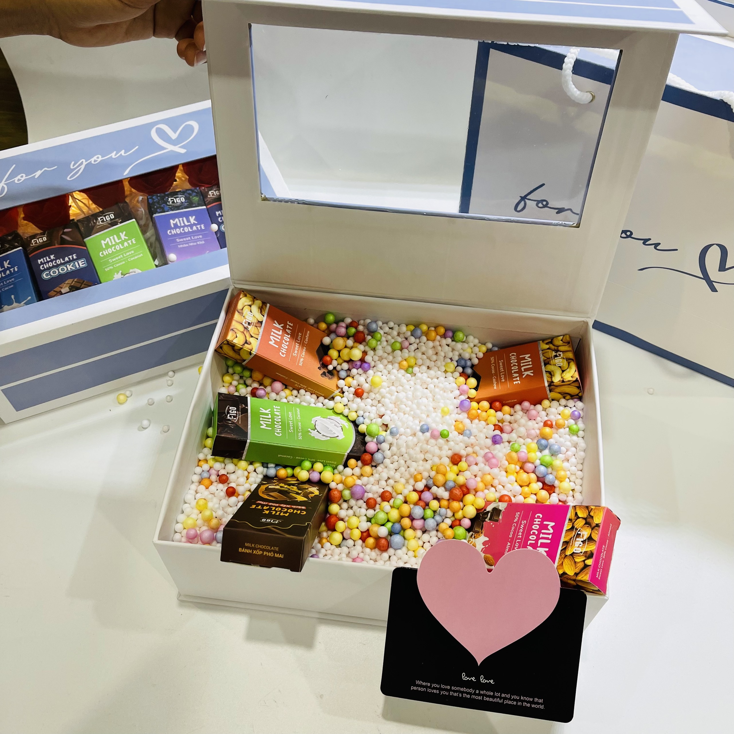Combo hộp quà cửa sổ For You sang trọng tặng người yêu, ngày lễ Valentine, kèm túi giấy, phụ kiện xinh xắn