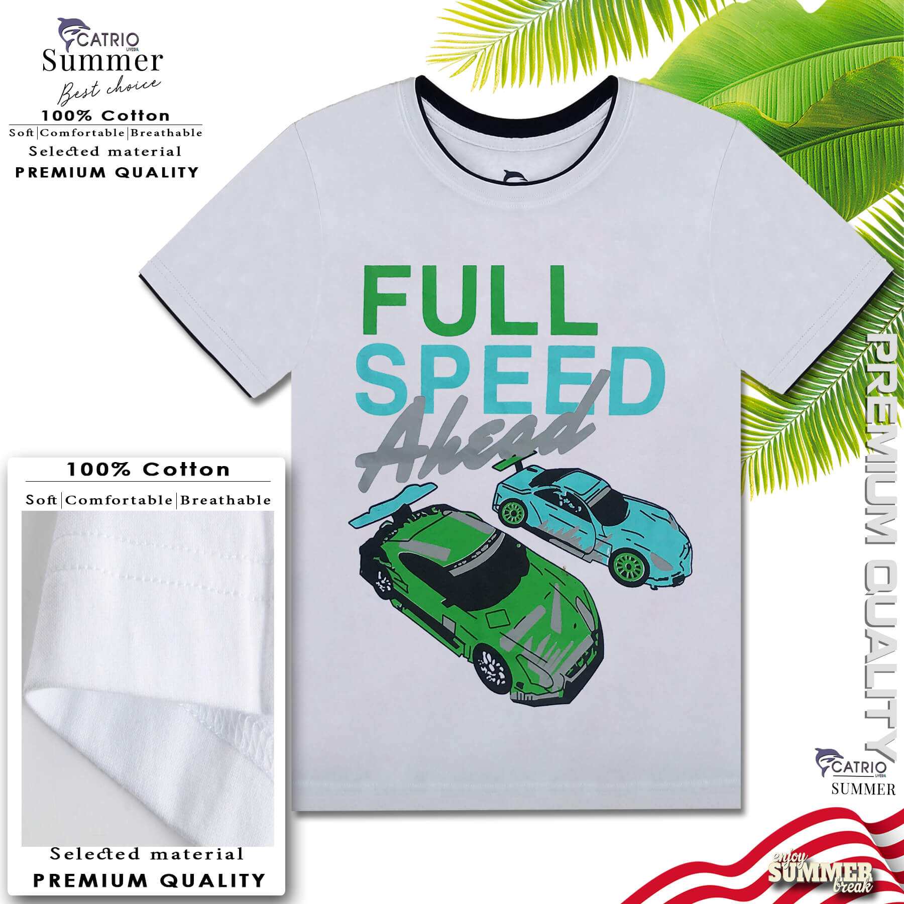 ÁO PHÔNG BÉ TRAI NGẮN TAY CATRIO là áo thun trẻ em tay ngắn từ 5 tuổi đến 12 tuổi vải 100% Cotton in FULL SPEED thuộc BST quần áo trẻ em mùa hè CATRIO màu TRẮNG