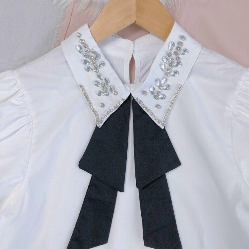 Áo sơ mi trắng trơn đính kết cổ nơ