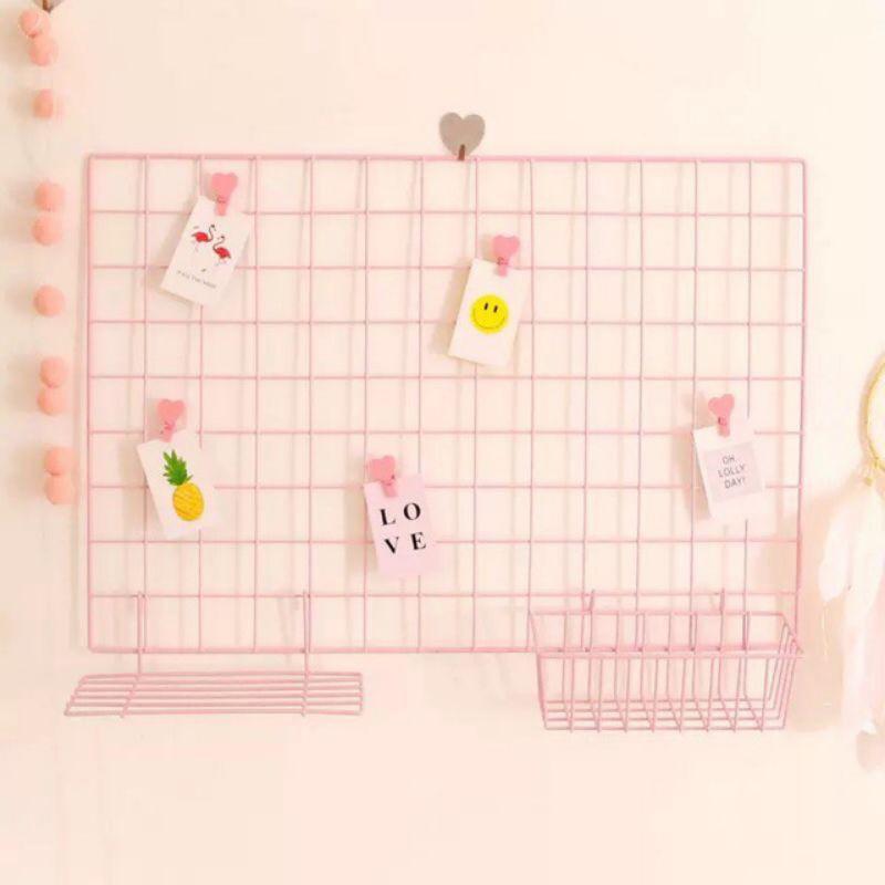 Set 3 món Khung lưới + giỏ treo + thanh treo để đồ màu hồng, trắng, đen