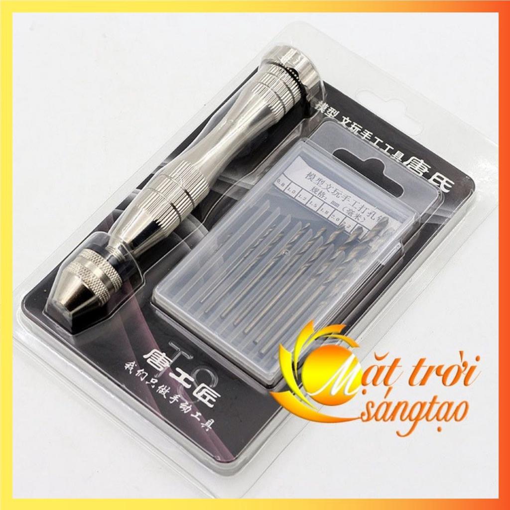 Khoan tay mini màu bạc + 10 mũi khoan