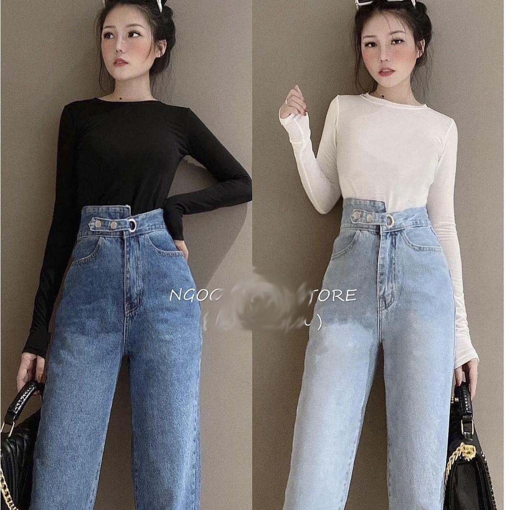 Quần bò jeans nữ dáng baggy lưng siêu cao 2 nút ,đai chéo, thời trang mới tại thuydieushop96 bg1