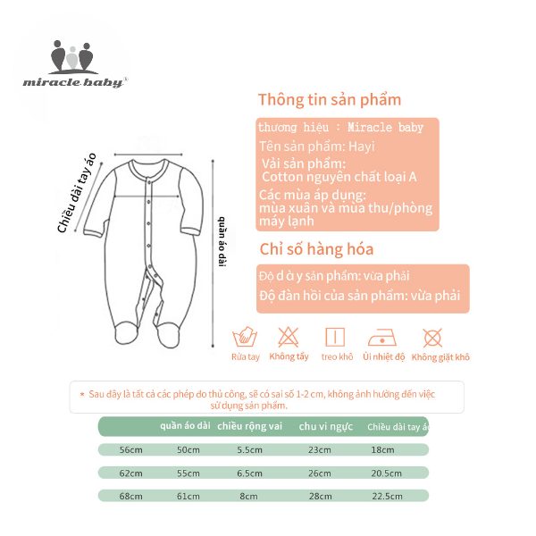 Jumpsuit/Bodysuit Tay Dài chất liệu 100% cotton Miraclebaby cho Bé Trai, Bé Gái (Từ 1-2 tháng, 2-4 tháng, 5-7 tháng)