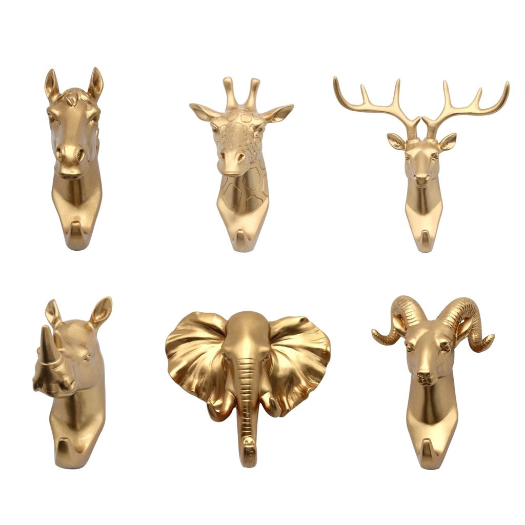 6Pcs Resin Animal Head Hook Key Hanger Rack Wall Mount Home Decor Gold