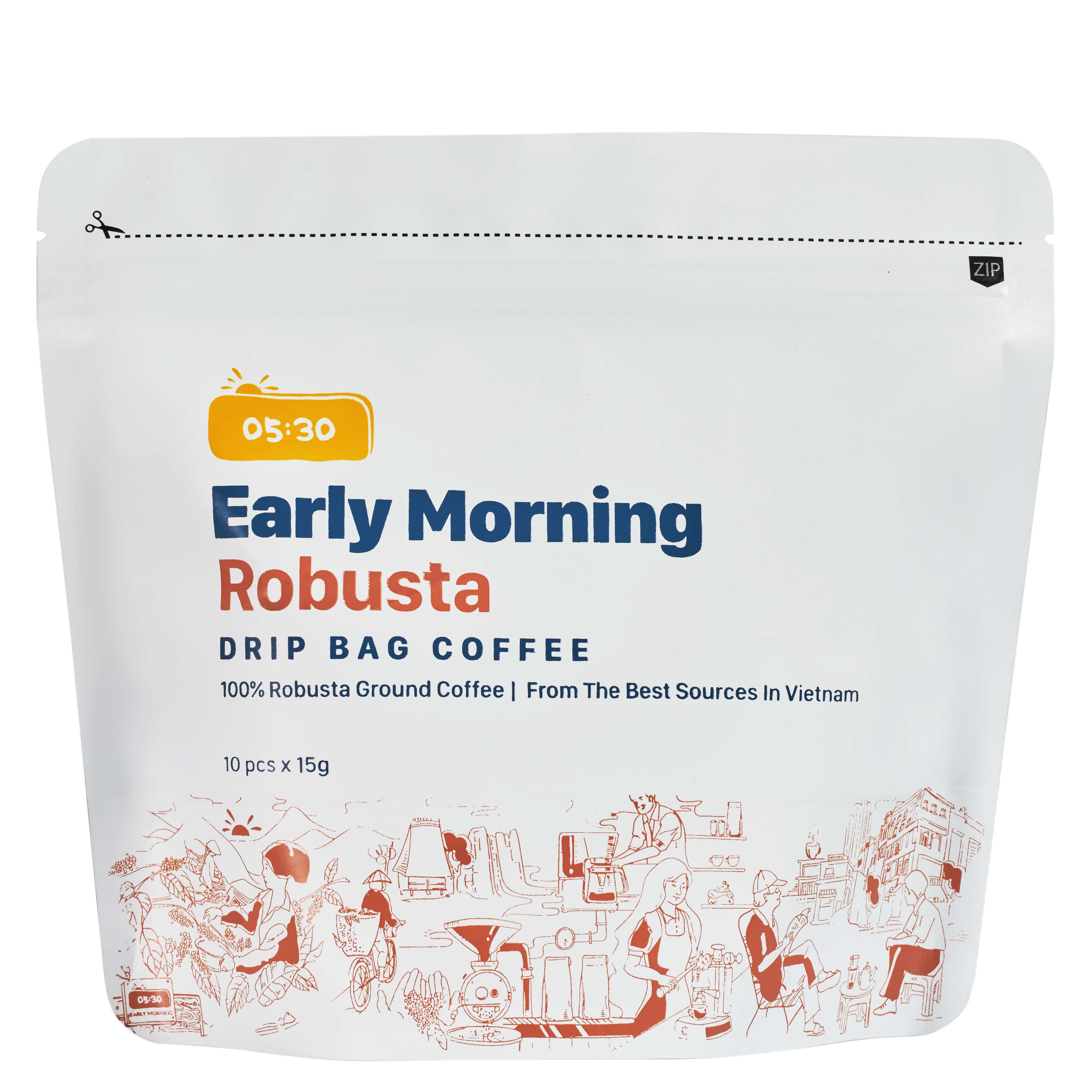 Cà Phê Phin Giấy Túi Lọc Cao Cấp Early Morning - Robusta Dripbag (Túi zip 10 Gói x 15G)