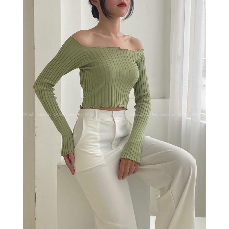 Áo Crop Top Tay Dài Trễ Vai Cuốn Hút, Nữ Tính