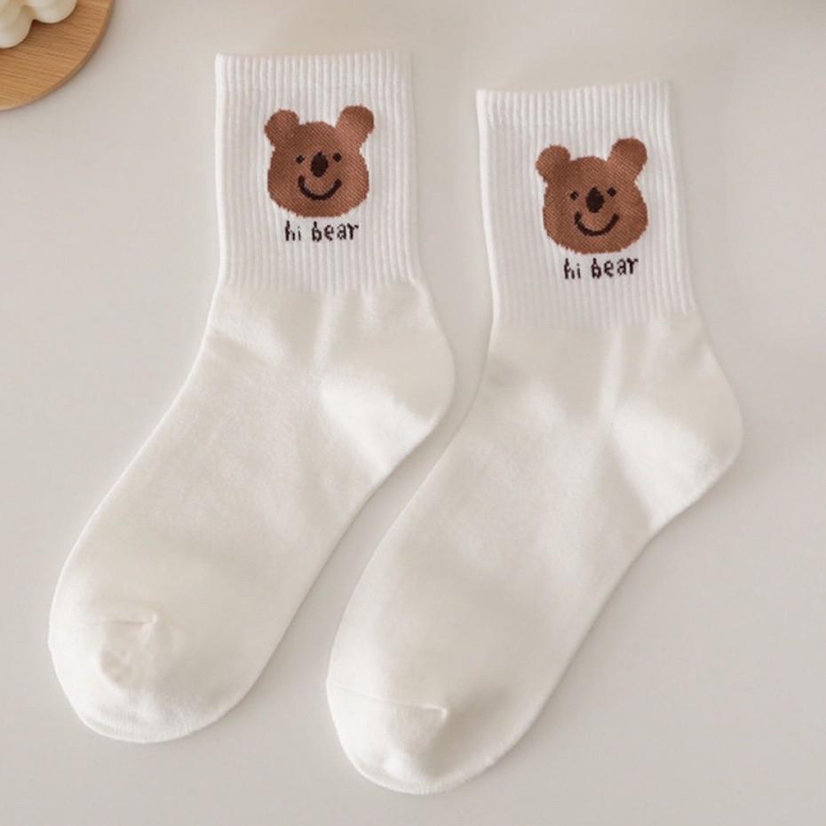 Tất cổ cao Bivota Vớ tất cổ cao nữ trắng họa tiết hình thú xinh xắn vải cotton co giãn thời trang Hàn Quốc