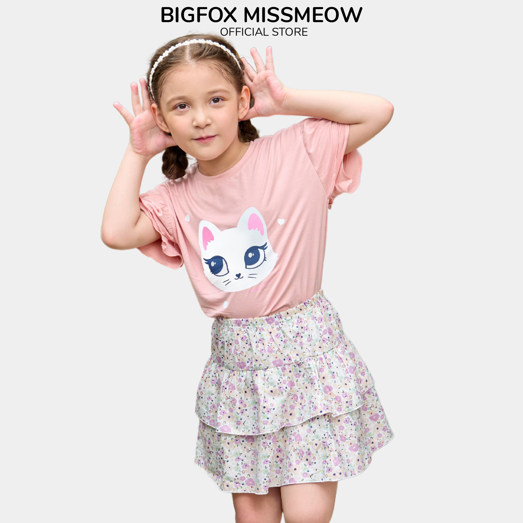 Bộ ngắn tay bèo phối chân váy Bigfox Miss Meow size đại mùa hè vải cotton kiểu Hàn Quốc in mèo dễ thương cỡ 3-11 tuổi 25kg 30kg