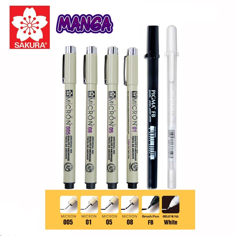 Bộ đi nét chuyên nghiệp Sakura Pigma Manga Basic Set (micron 0.05/0.1/0.5/0.8/FB/gell trắng)