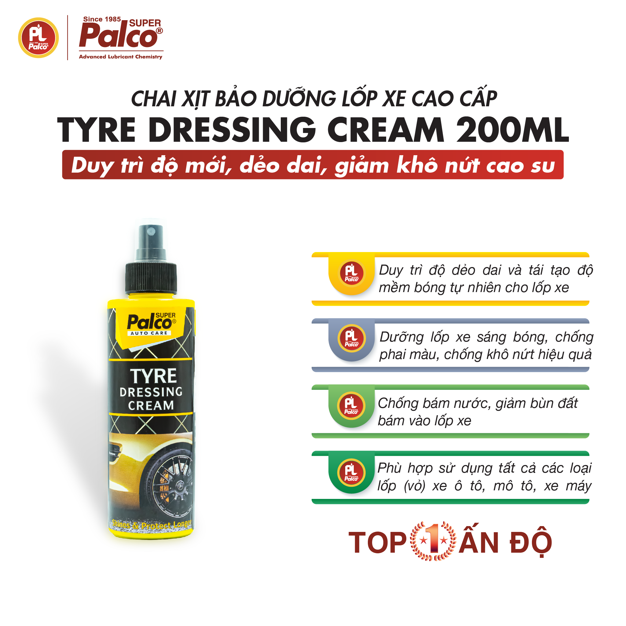 Dung dịch xịt dưỡng lốp xe ô tô cao cấp, chống lão hoá, chống bám bẩn PALCO Tyre Dressing Cream - Chai 200ml - Nhập khẩu Ấn Độ