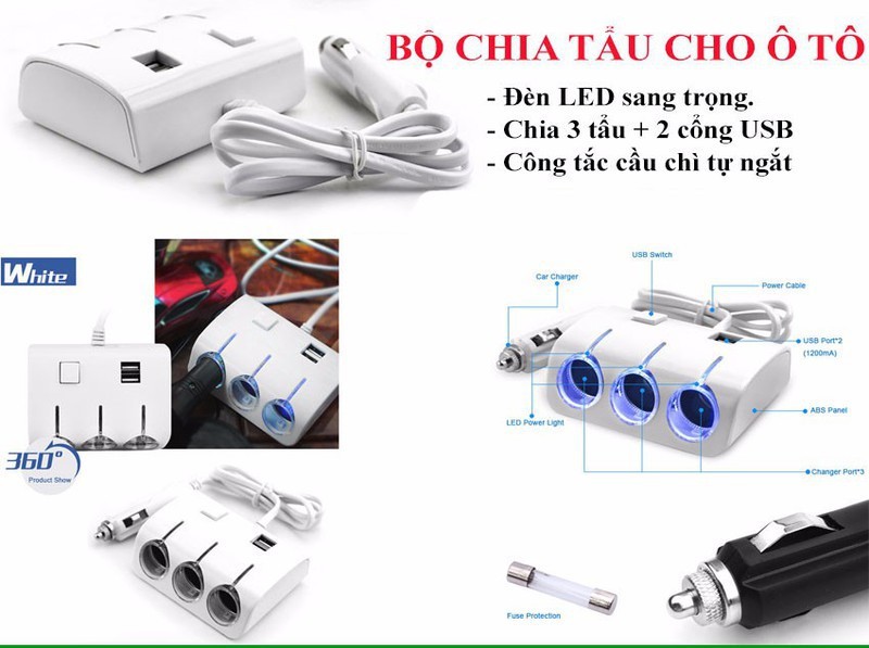 Bộ chia tẩu cắm sạc trên ô tô ( 3 cổng cắm tẩu )