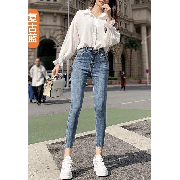 Quần jeans 9 TẤC BigSize co dãn mạnh, lưng cao, màu xanh đá tua lai 4209