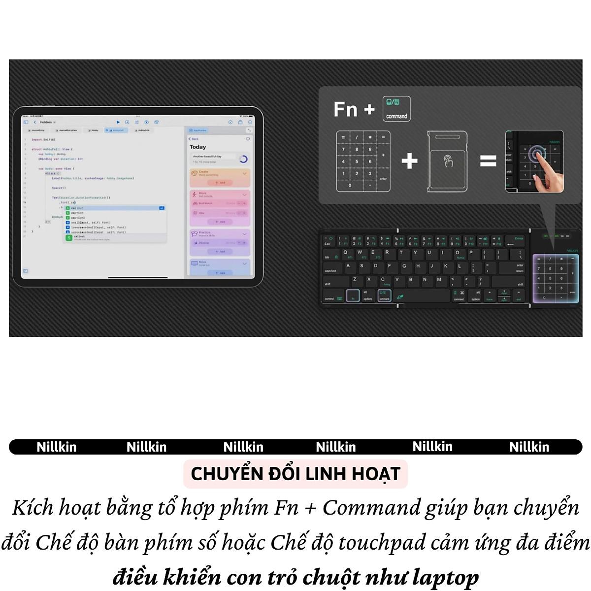 Bàn phím gấp gọn di động không dây bluetooth V5.2 tích hợp trackpad &amp; phím số hiệu Nillkin Cube Pocket - Nhỏ gọn, mỏng nhẹ, phím tắt thông minh, hỗ trợ Androids &amp; iOS, gõ thoải mái cho iPad cho iPhone, máy tính bảng, cho macbook, laptop - hàng nhập khẩu