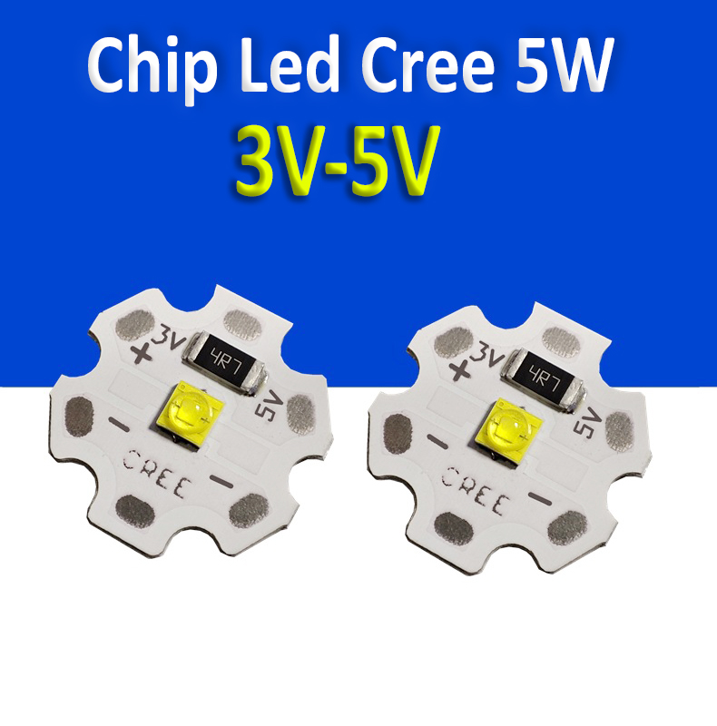 Chip Led Cree, Bóng đèn Led 5W điện áp 3V-5V, Ánh sáng Trắng, Vàng, Trung tính, Đã hàn sẵn đế tản nhiệt 20mm