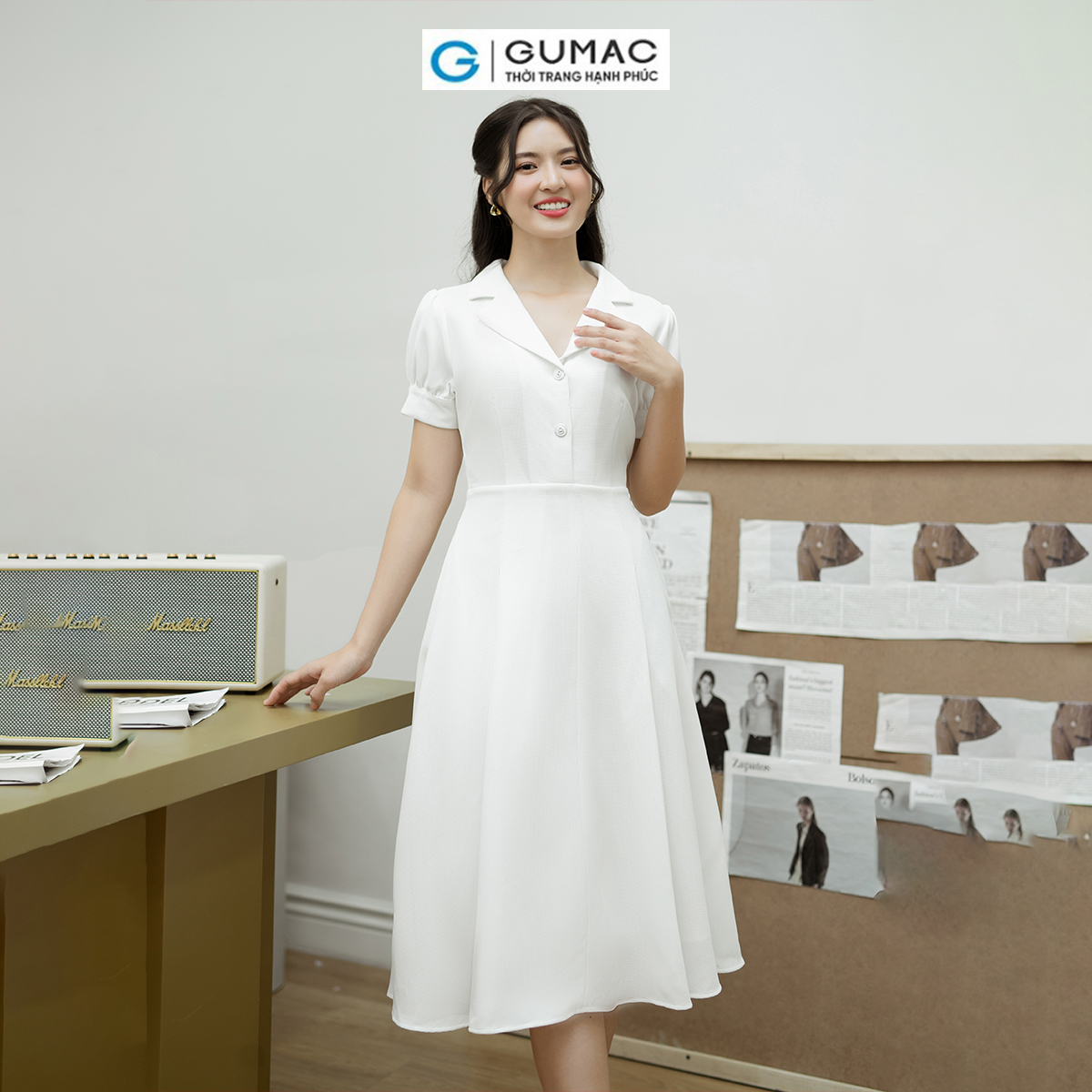 Đầm A xòe tay phồng GUMAC DD08048