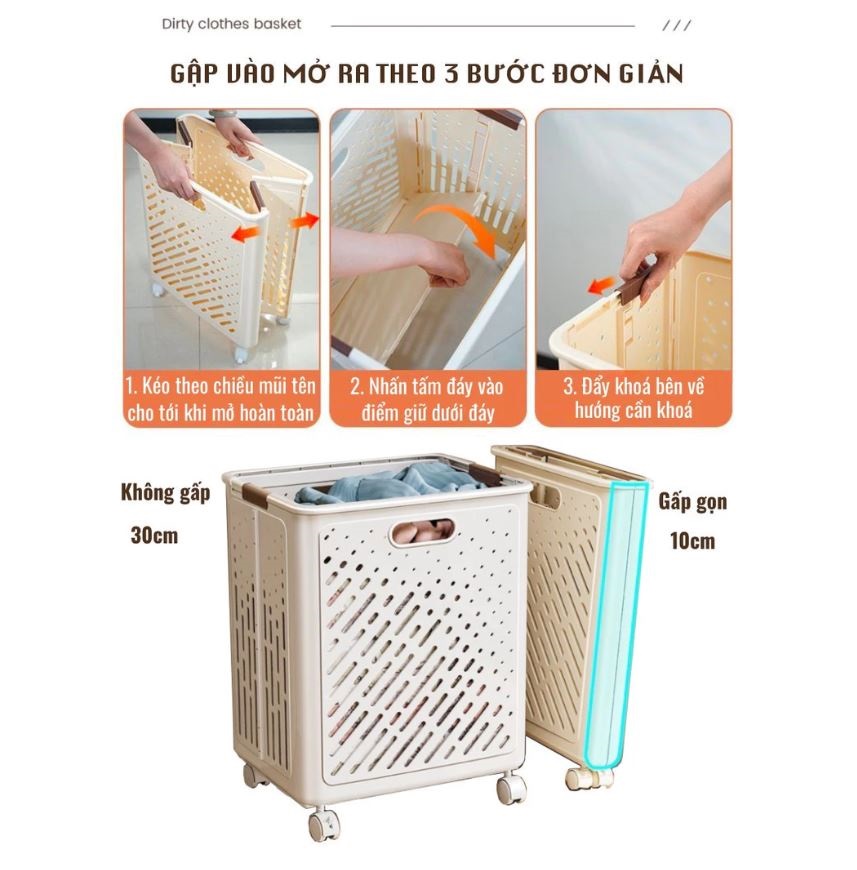 Giỏ Đựng Quần Áo Cao Cấp Gấp Gọn Tiện Dụng Có Bánh Xe Cỡ Lớn 50x30x38cm