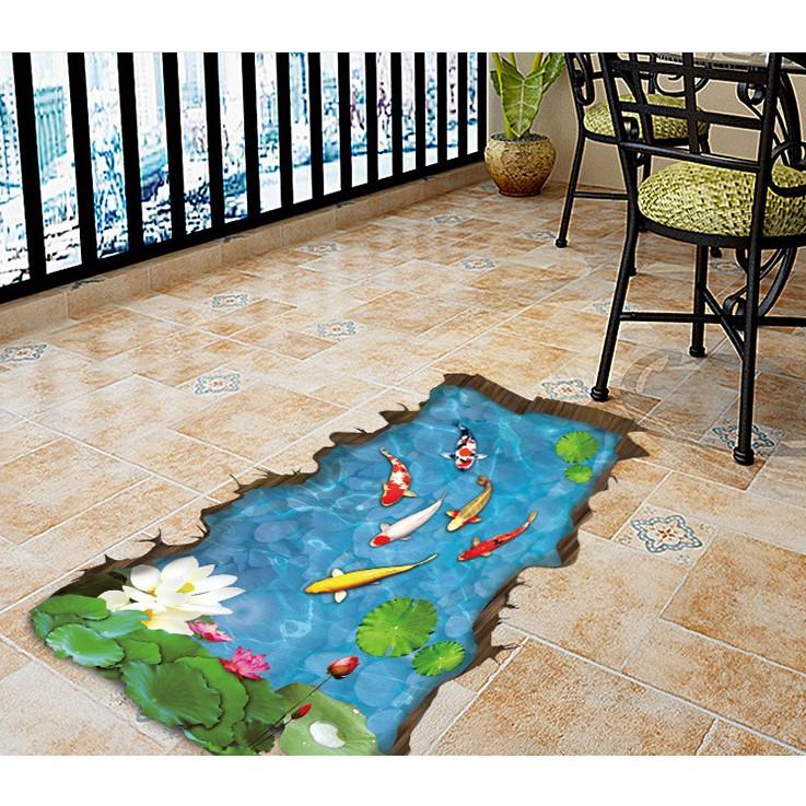 Decal trang trí tường - thảm 3D Hồ Cá KOI và hoa Sen