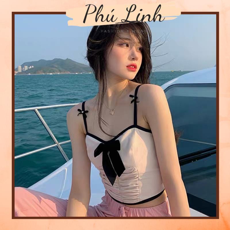 MS625 Áo hai dây nữ kiểu rúm ngực đính nơ croptop