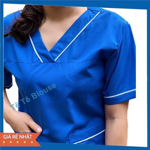 Bộ Blouse cổ tim Xanh Dương viền Trắng dành cho Nam Nữ - Bộ Scrubs đồng phục Kỹ thuật viên, Điều dưỡng, Dược sỹ, Y tá