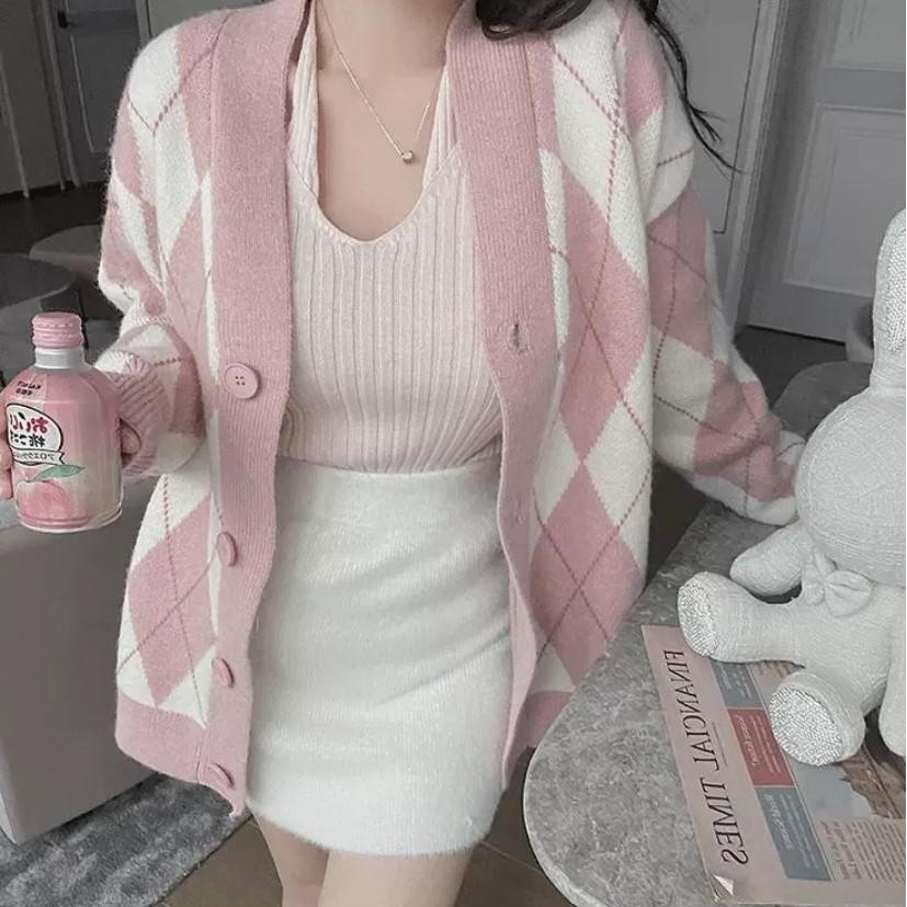 Khoác Len Cardigan | Áo Cardigan Len Thu Đông Cổ V Họa Tiết Hình Thoi Phong Cách Hàn Quốc, Thời Trang Ulzzang