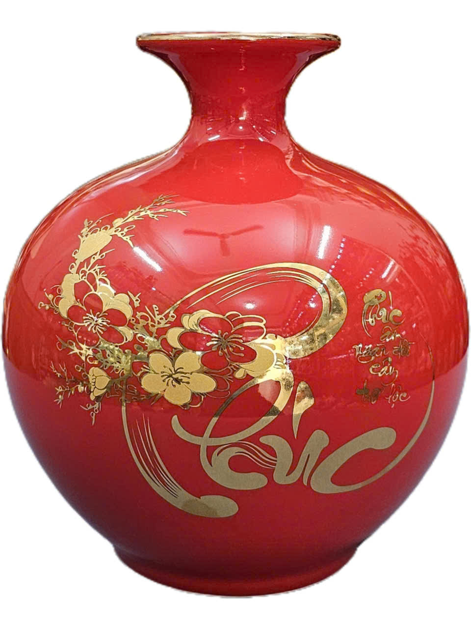 Bình hút tài lộc chữ thư pháp &quot;PHÚC&quot; và &quot;LỘC&quot; vẽ vàng 18k (cao H18cm) gốm sứ Bát Tràng tặng kèm đế gỗ tiện liền khối