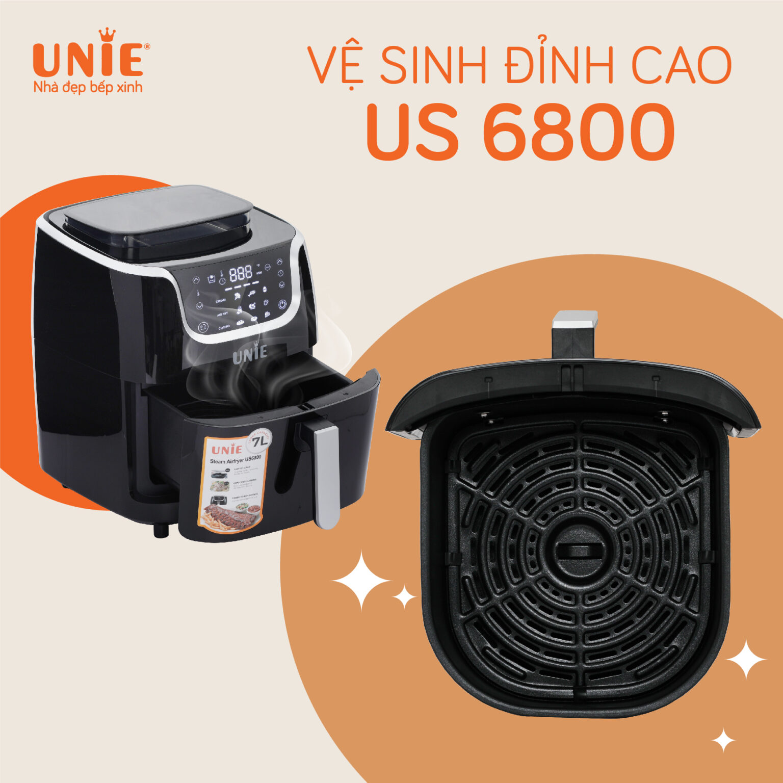 Nồi Chiên Hơi Nước Unie STEAM US6800 Tiêu Chuẩn Đức Công Suất 1700W Dung Tích 7L- Hàng Chính Hãng