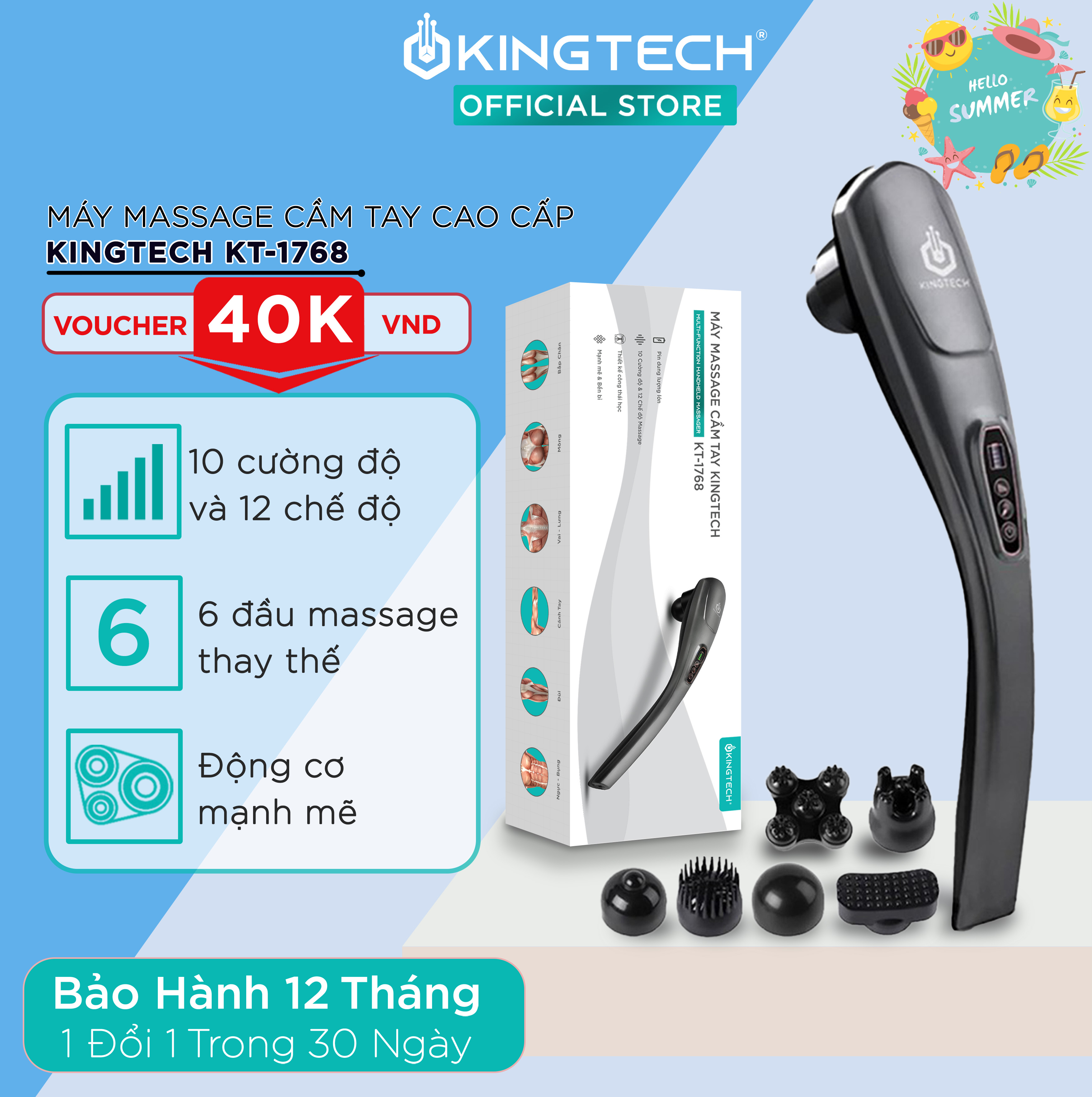 Máy Massage Cầm Tay Đa Năng KINGTECH  KT1768 - Mát Xa Chuyên Sâu Cho Cổ, Vai Gáy, Bụng, Lưng, Cánh Tay, Chân - Giảm Đau Mỏi Toàn Thân Cho Dân Văn Phòng, Gymer, Người Già, Người Lao Động Nặng - Món Quà Tuyệt Vời Cho Ông Bà, Bố Mẹ - Hàng Chính Hãng