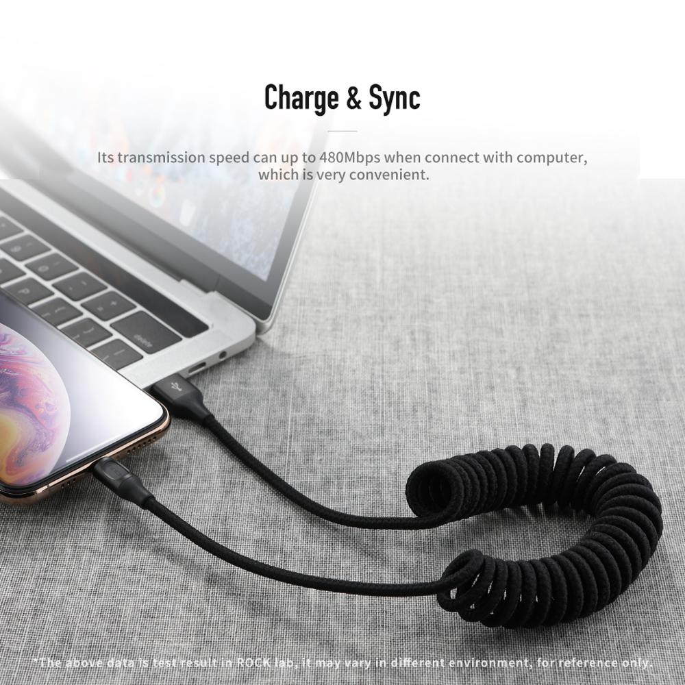 Dây sạc lò xo Lightning hỗ trợ sạc nhanh 2.1A cho iPhone / iPad hiệu Rock Spring Cable (dài 1.5m, thiết kết lò xo chống rối) - Hàng nhập khẩu