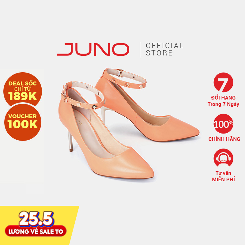 Giày Cao Gót Thời Trang JUNO Quai Cổ Chân Phối Khoá Đinh Tán CG09155