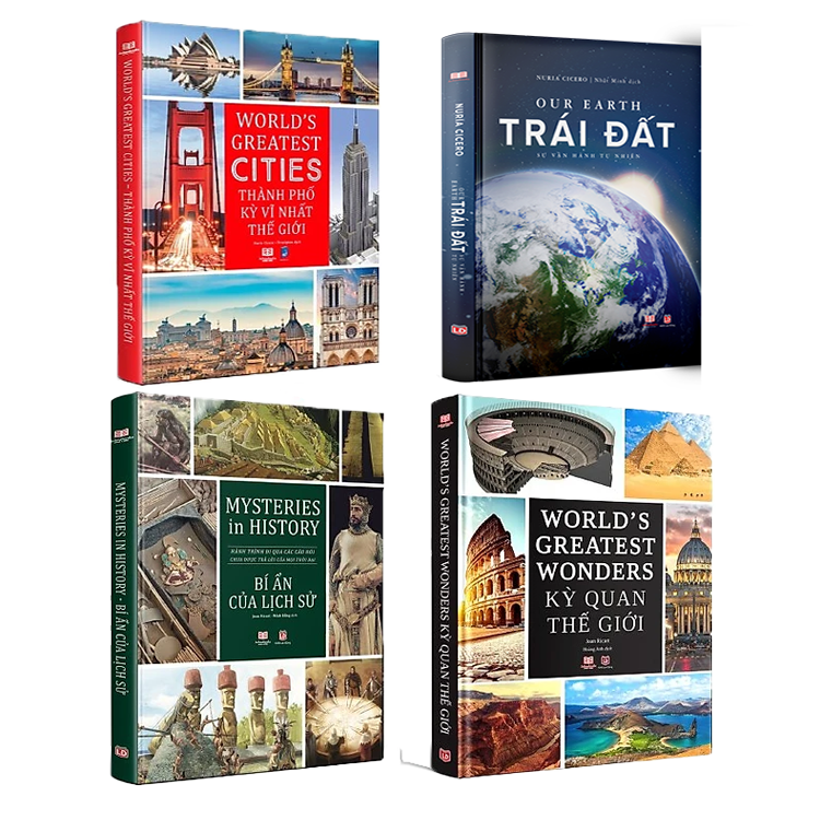 Combo sách Kỳ quan thế giới, Bí ẩn của lịch sử, Thành phố kỳ vỹ nhất thế giới và Trái đất ( 4 cuốn ) sách bách khoa toàn thư kiến thức, bìa cứng in màu - Hiệu sách genbooks