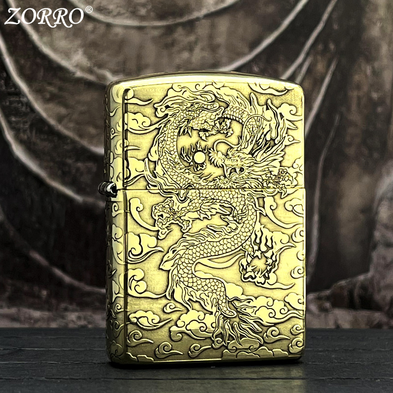 Vỏ Hột Quẹt Bật Lửa Xăng Đá Zorro ZT052A Khắc Họa Tiết Rồng Vàng Tài Lộc (Không Có Xăng)
