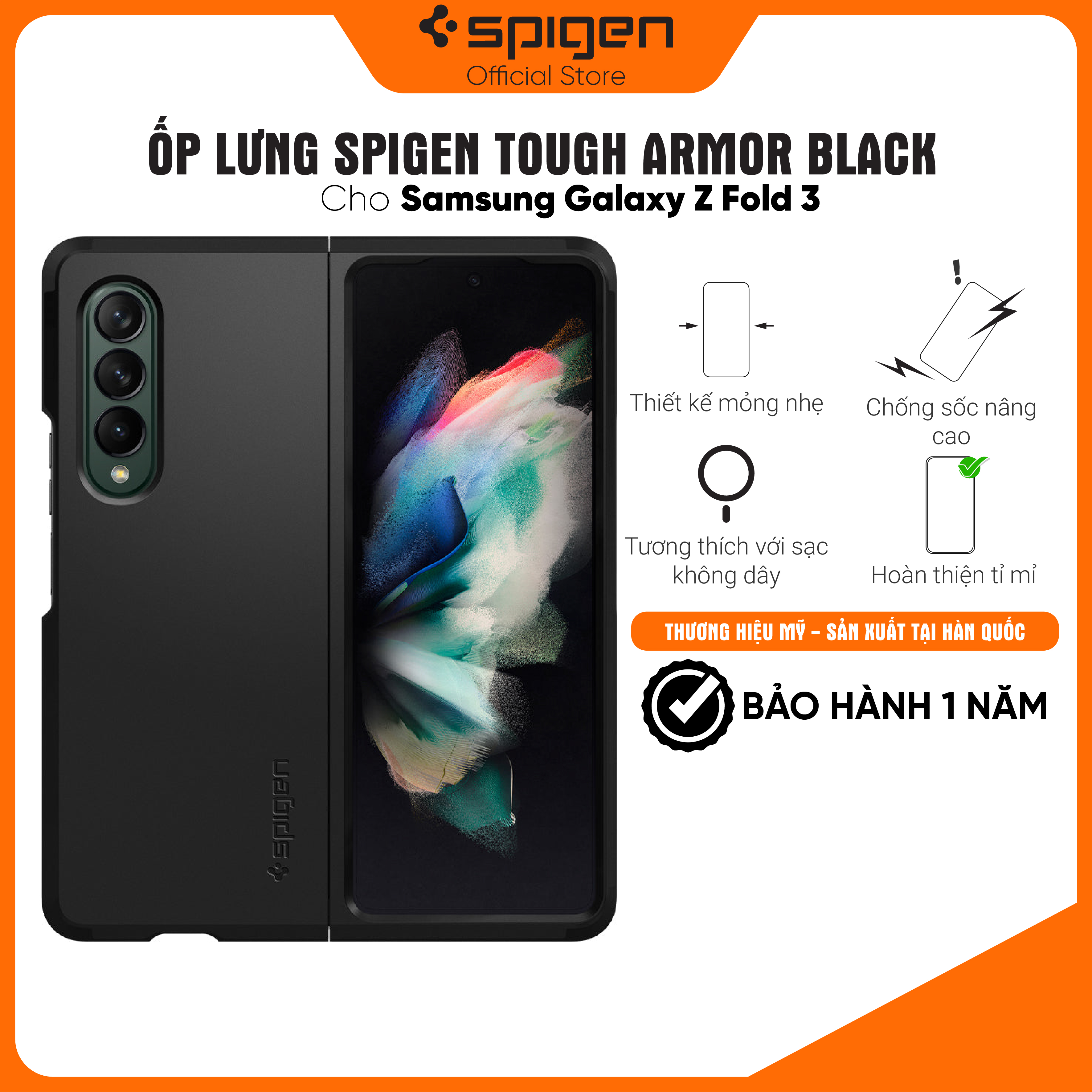 Ốp lưng Spigen Tough Armor Black cho Samsung Galaxy Z Fold 3 5G - Thiết kế đẹp mắt, chống sốc, bền bỉ, viền camera cao - Hàng chính hãng