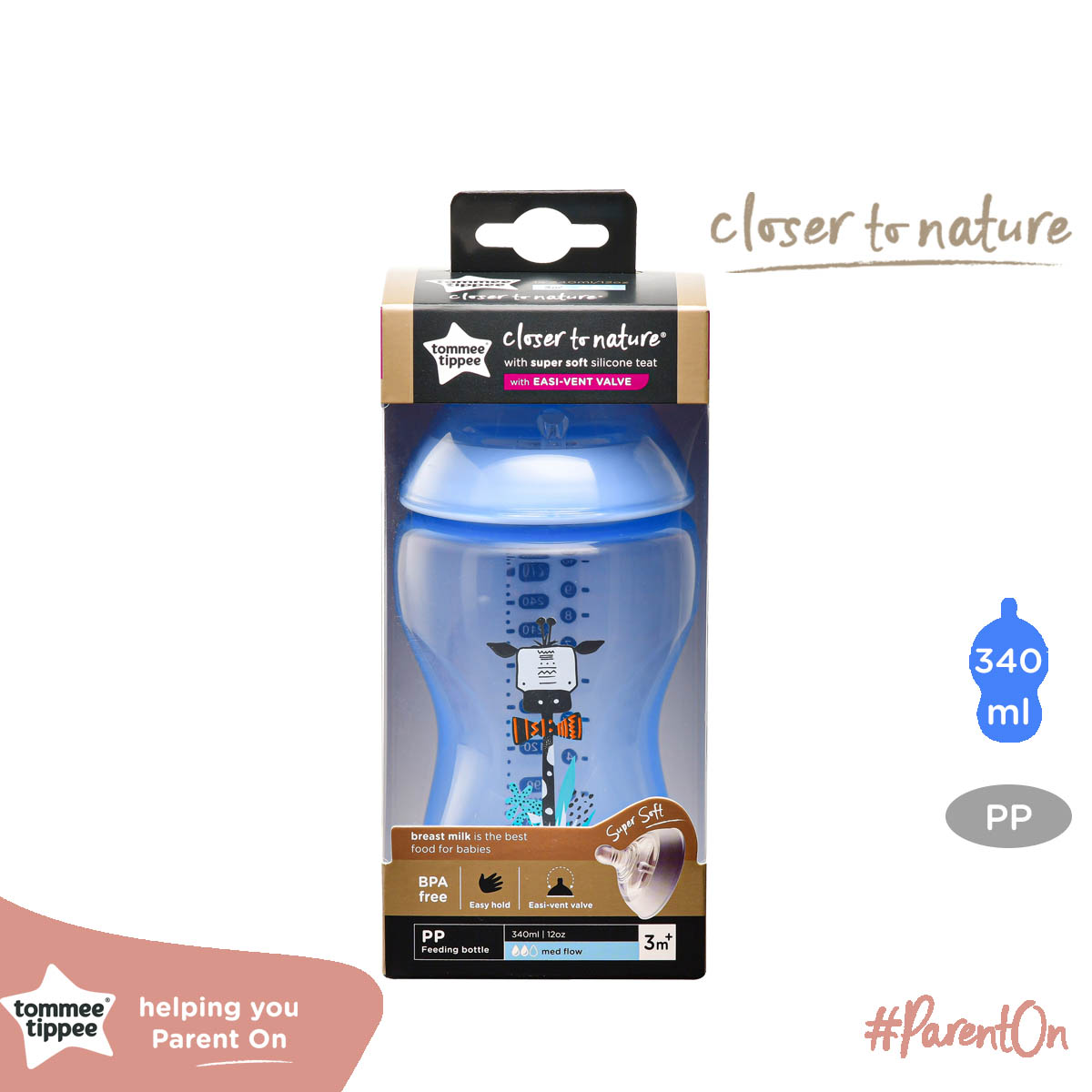 Bình sữa ty siêu mềm tự nhiên Tommee Tippee Closer to Nature 340ml, núm ty đi kèm 3-6 tháng - Xanh Dương