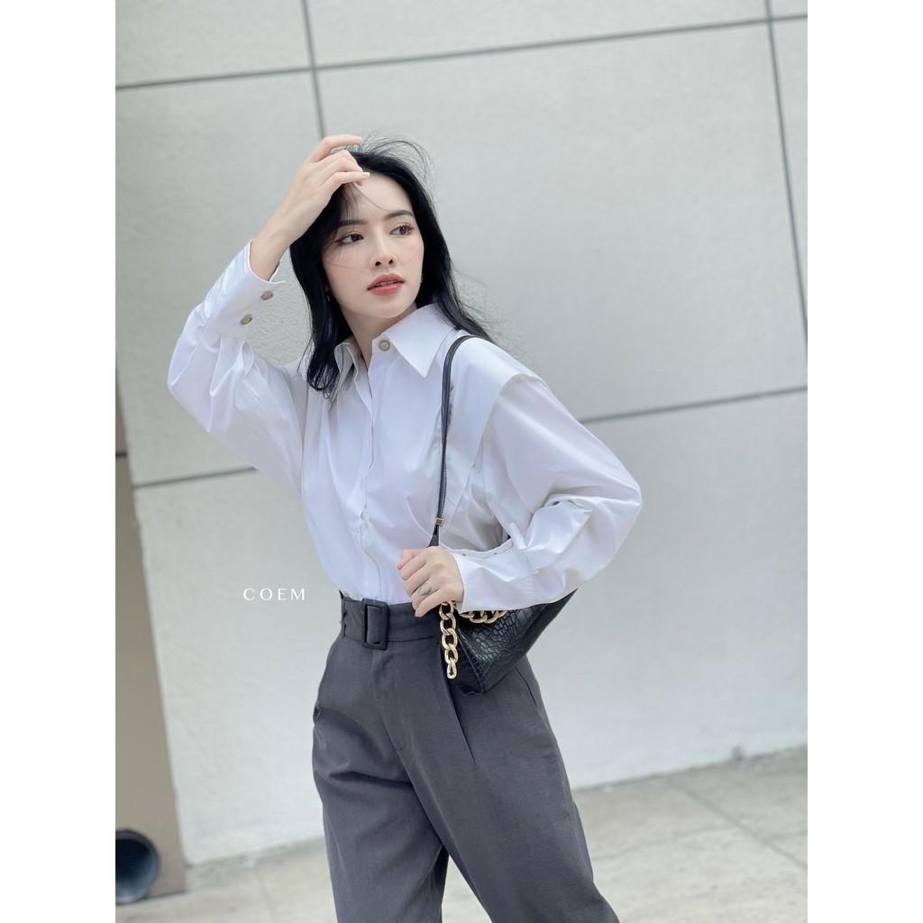 Quần Tây Nữ Ống Loe Cạp Cao Màu Xám Chất Liệu Kaki Mềm CO EM Thiết Kế Dáng Suông Phong Cách Công Sở Thời Thượng