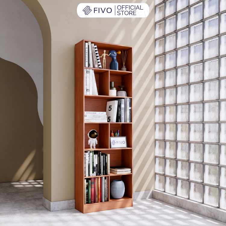 Kệ Sách Gỗ Đứng Chất Liệu MDF FIVO FB70 60 x 24 x 179cm Lắp Ráp Dễ Dàng Có Tấm Lưng Phía Sau – Hàng Chính Hãng – Màu Vân Gỗ Đậm