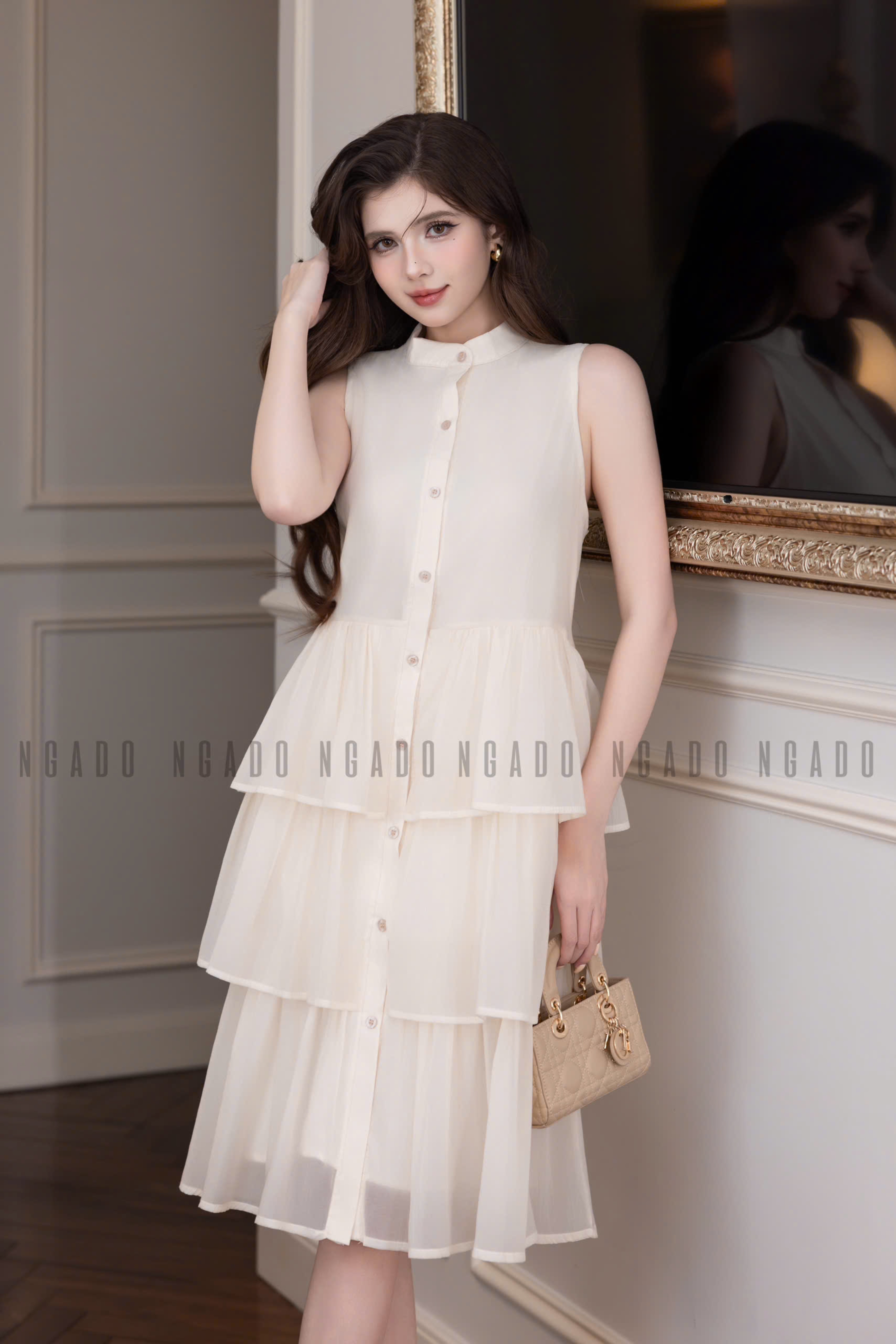 Đầm babydoll kem vàng cổ trụ NGADO , đầm babydoll , đầm Nữ