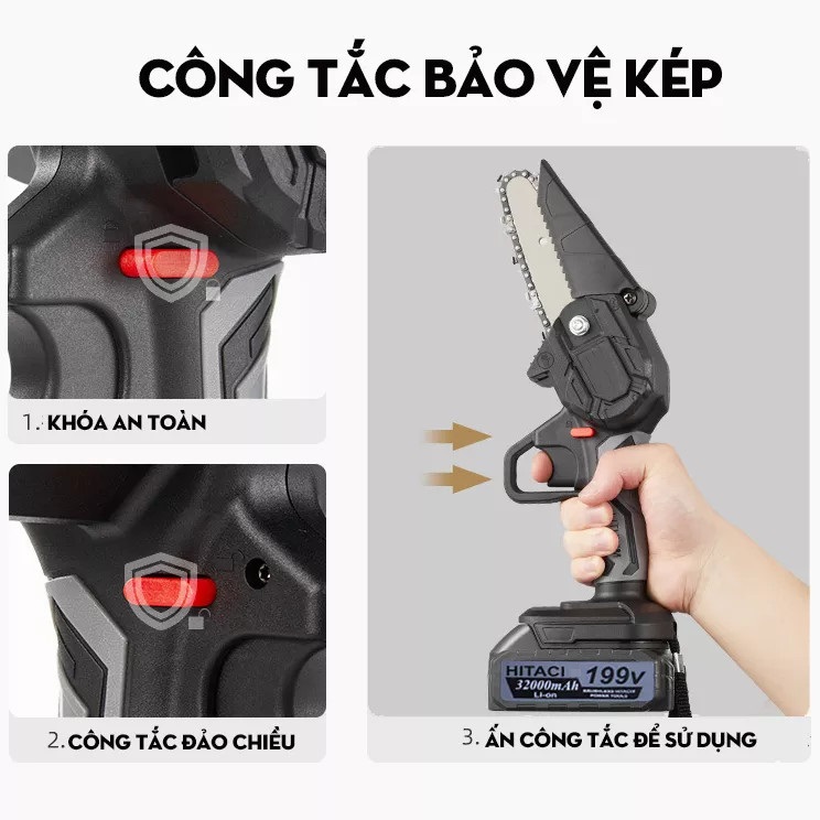 Cưa Pin Chuyên Dụng - Máy Cưa Pin 199V Tặng Bộ Dây Xích Dự Phòng - Cưa Xích Cầm Tay Chạy Pin 10cell Siêu Khỏe