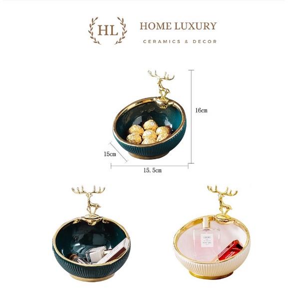 Bát Sứ Đựng Kẹo Phụ Kiện Decor 2022 | Âu Sứ Decor Kẻ Vàng Kim Vân Nổi Hình Hươu Mạ Vàng