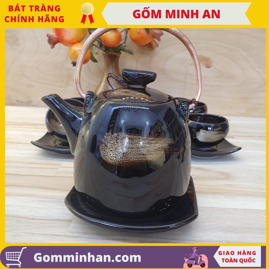 Bộ ấm trà gốm sứ Bát Tràng đẹp Bộ ấm chén sứ màu cà phê xước, chén vẽ lòng hoa- Gốm Minh An