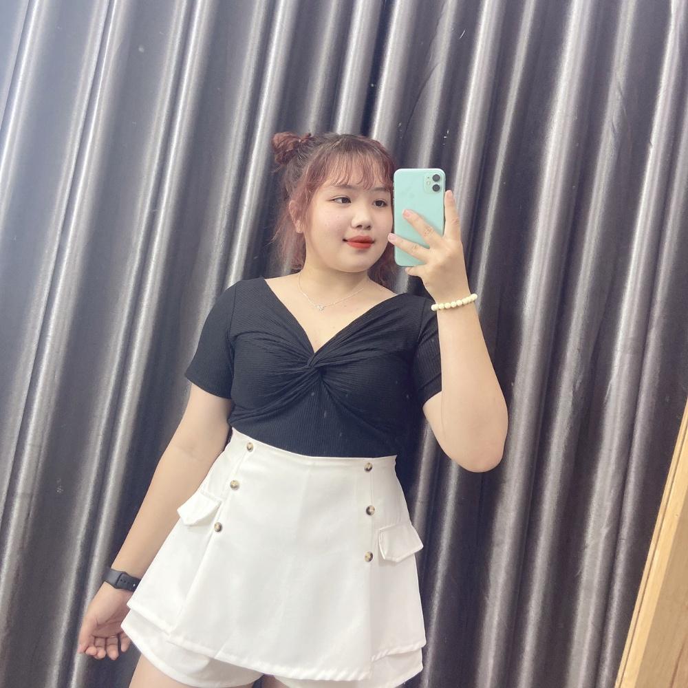 Áo thun bigsize nữ tay nắn kiểu xoắn ngực chất gân tăm co giãn phom rộng 60-92kg G100