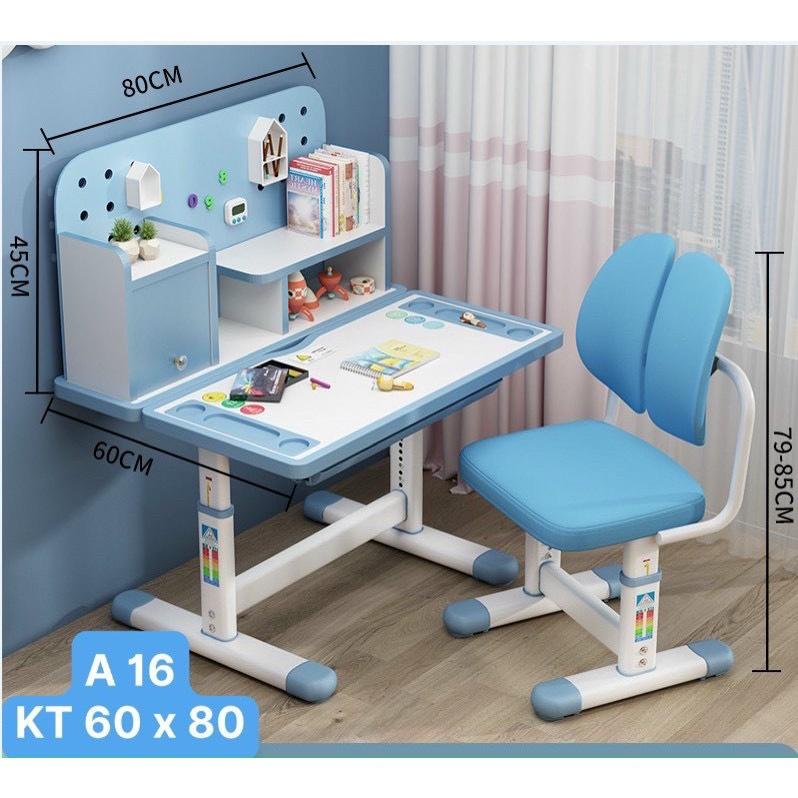 Bộ Bàn Ghế Học Sinh Thông Minh A16, Size 80cm, Tăng Chỉnh Độ Cao, Nghiêng Mặt Bàn, Ngăn Tủ, Giá Sách