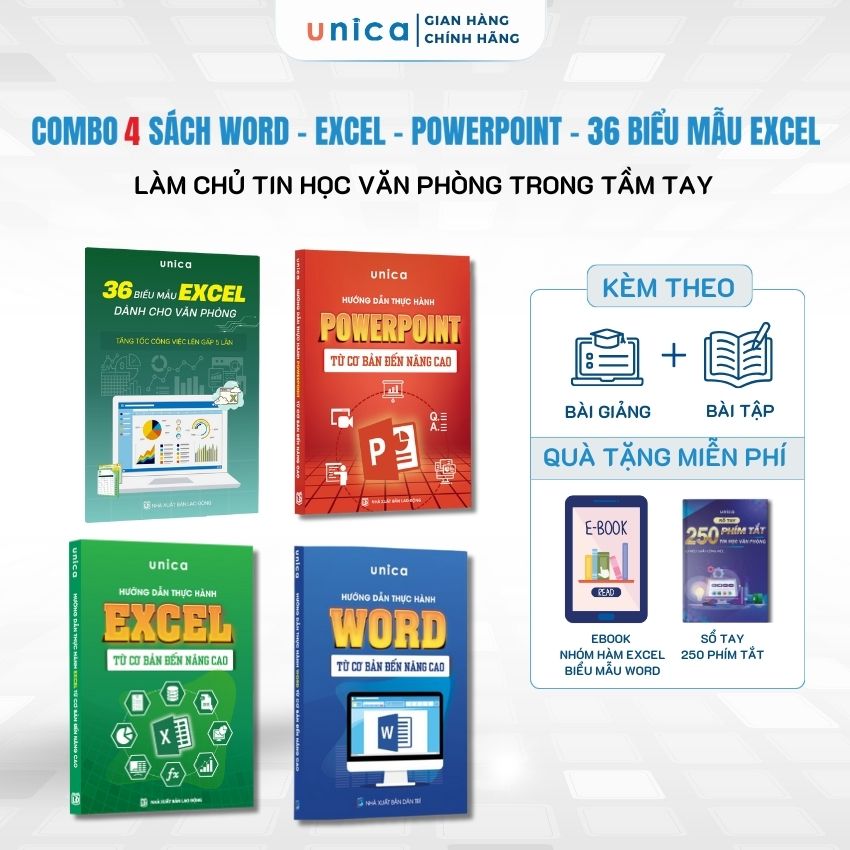 Combo 4 Sách Word - Excel - Powerpoint - 36 Biểu mẫu Excel kèm Video bài giảng &amp; Sổ tay 250 phím tắt