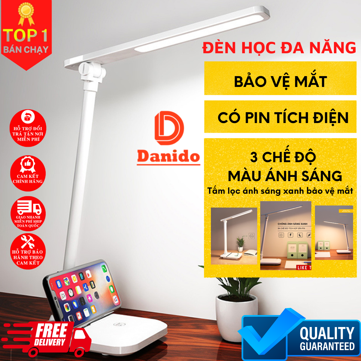 Đèn bàn học LED USB di động cao cấp có thể gập hai chỗ – Đèn đa năng 03 chế độ ánh sáng vàng bảo vệ mắt chống cận - Hàng Chính Hãng D Danido