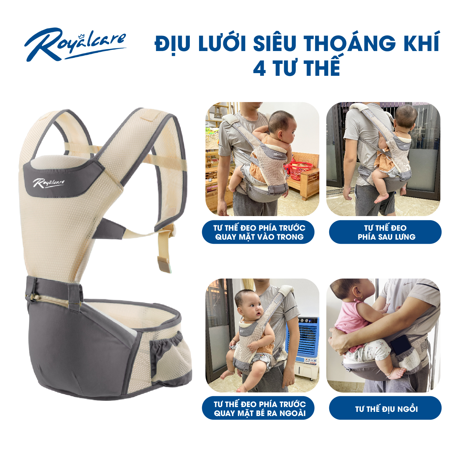 Địu ngồi trẻ em 4 tư thế lưới siêu thoáng Air mesh siêu thoáng Royalcare - 906 - cho bé 3 tháng tới 36 tháng - tặng khăn yếm cho bé